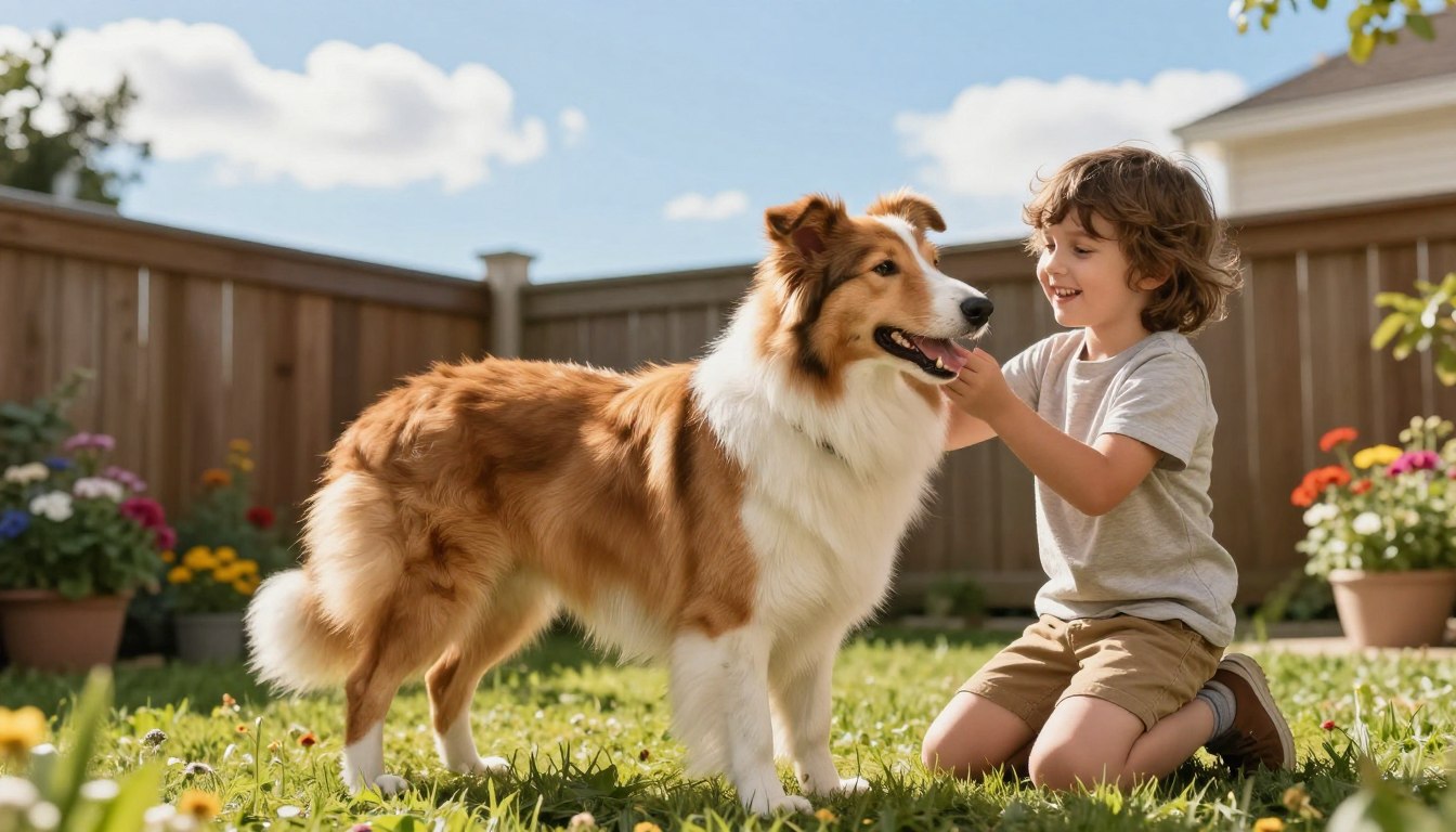 A beautiful, serene backyard setting featuring a playful Rough Collie and a smiling child, showcasing the bond between them. In the foreground, the Collie stands proudly, its flowing coat glistening in the sunlight, while the child, dressed in a modest, casual outfit, kneels beside the dog, gently petting it. In the middle ground, there are colorful flowers and a wooden fence, adding to the family-friendly atmosphere. The background captures a bright blue sky with a few fluffy clouds, suggesting a warm, sunny day. The lighting is soft and inviting, enhancing the peaceful mood, while the camera angle is slightly lower, creating an intimate perspective that emphasizes the connection between the child and the Collie.