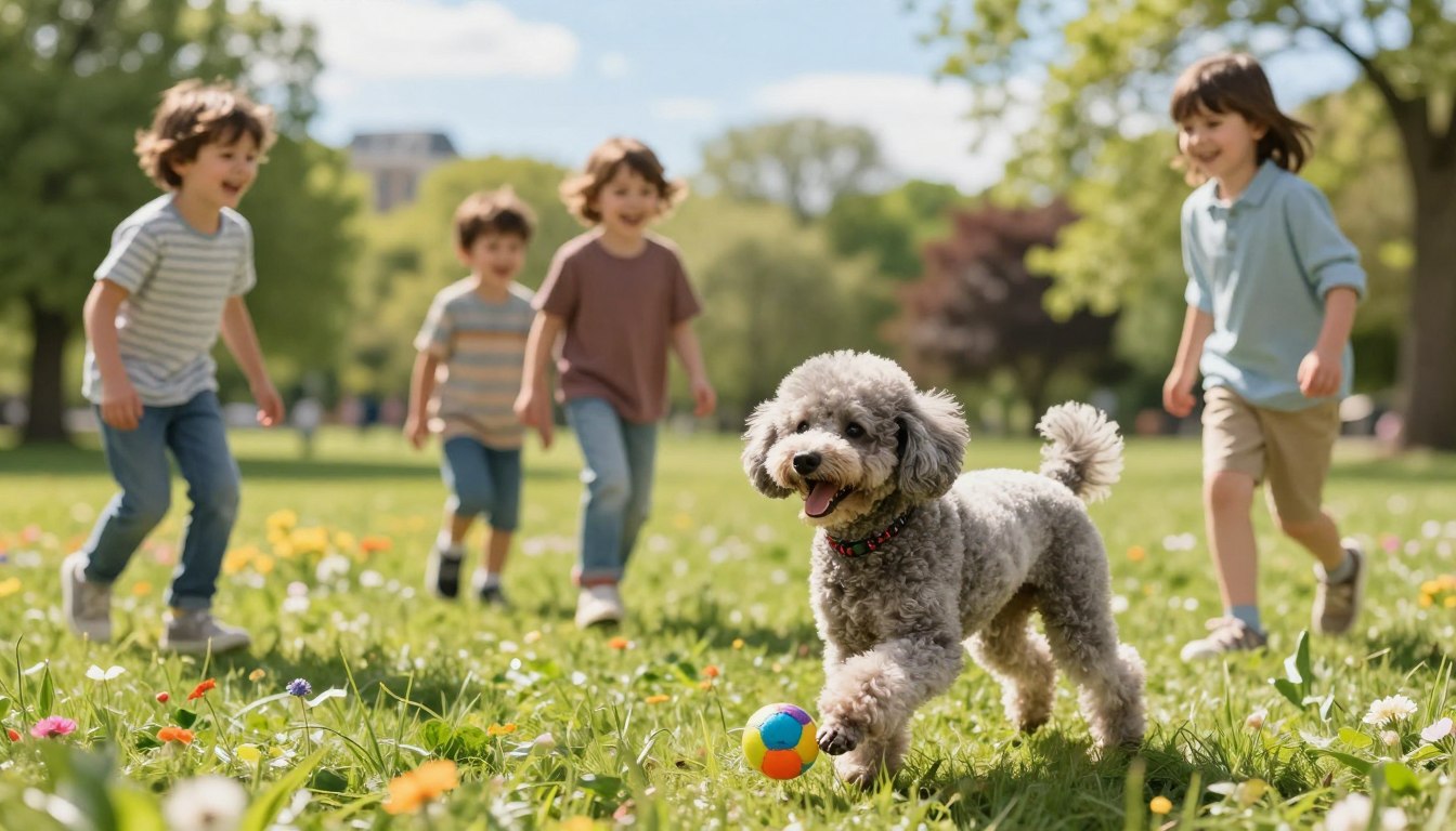 A charming scene featuring a playful Poodle interacting with children in a sunny park. In the foreground, the Poodle, with its fluffy, curly coat, displays a joyful expression, engaged in a game of fetch with a colorful ball. The children, dressed in modest casual clothing, laugh and play alongside the dog, capturing a sense of fun and companionship. In the middle ground, a vibrant grassy landscape dotted with flowers enhances the lively atmosphere, while cheerful trees and a bright blue sky form the background, infusing the scene with warmth and happiness. Soft, natural lighting illuminates the subjects, creating a serene yet energetic mood. The composition should evoke feelings of love, family, and the joys of pet ownership, showcasing the Poodle as an ideal family companion.