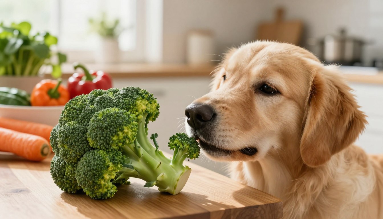 A close-up of a healthy, vibrant broccoli floret placed on a wooden table in a well-lit kitchen. In the foreground, a curious dog, a golden retriever, sniffs the broccoli with a thoughtful expression, embodying a friendly and playful mood. In the middle ground, a bowl filled with fresh vegetables, including carrots and bell peppers, adds color and context, emphasizing a nutritious diet. The background features soft-focus kitchen elements like a potted herb plant and a bright window letting in warm sunlight, creating a cozy and inviting atmosphere. The scene should convey a sense of safety and care when considering dog nutrition, capturing both the curiosity of the dog and the wholesome nature of broccoli. A close-up of a healthy, vibrant broccoli floret placed on a wooden table in a well-lit kitchen. In the foreground, a curious dog, a golden retriever, sniffs the broccoli with a thoughtful expression, embodying a friendly and playful mood. In the middle ground, a bowl filled with fresh vegetables, including carrots and bell peppers, adds color and context, emphasizing a nutritious diet. The background features soft-focus kitchen elements like a potted herb plant and a bright window letting in warm sunlight, creating a cozy and inviting atmosphere. The scene should convey a sense of safety and care when considering dog nutrition, capturing both the curiosity of the dog and the wholesome nature of broccoli.