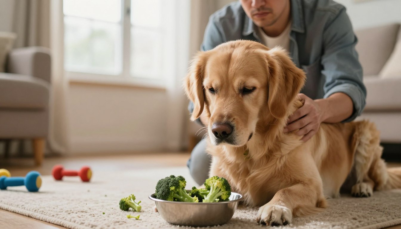 A concerned dog owner observing their dog in a cozy living room setting, kneeling beside the furry friend who shows signs of digestive upset after eating broccoli. The dog, a medium-sized golden retriever, has its ears lowered and a slight frown, sitting next to a bowl with uneaten broccoli florets. In the background, a soft, warm light filters through a large window, creating a calm atmosphere. The floor is covered with a comfortable rug, and a few toys are scattered around, enhancing the homely feel. Focus on the dog's facial expression and body language, while capturing the owner's worried expression, emphasizing the signs of digestive discomfort. Use a close-up angle to bring attention to the dog's discomfort and the remnants of broccoli in the bowl. A concerned dog owner observing their dog in a cozy living room setting, kneeling beside the furry friend who shows signs of digestive upset after eating broccoli. The dog, a medium-sized golden retriever, has its ears lowered and a slight frown, sitting next to a bowl with uneaten broccoli florets. In the background, a soft, warm light filters through a large window, creating a calm atmosphere. The floor is covered with a comfortable rug, and a few toys are scattered around, enhancing the homely feel. Focus on the dog's facial expression and body language, while capturing the owner's worried expression, emphasizing the signs of digestive discomfort. Use a close-up angle to bring attention to the dog's discomfort and the remnants of broccoli in the bowl.