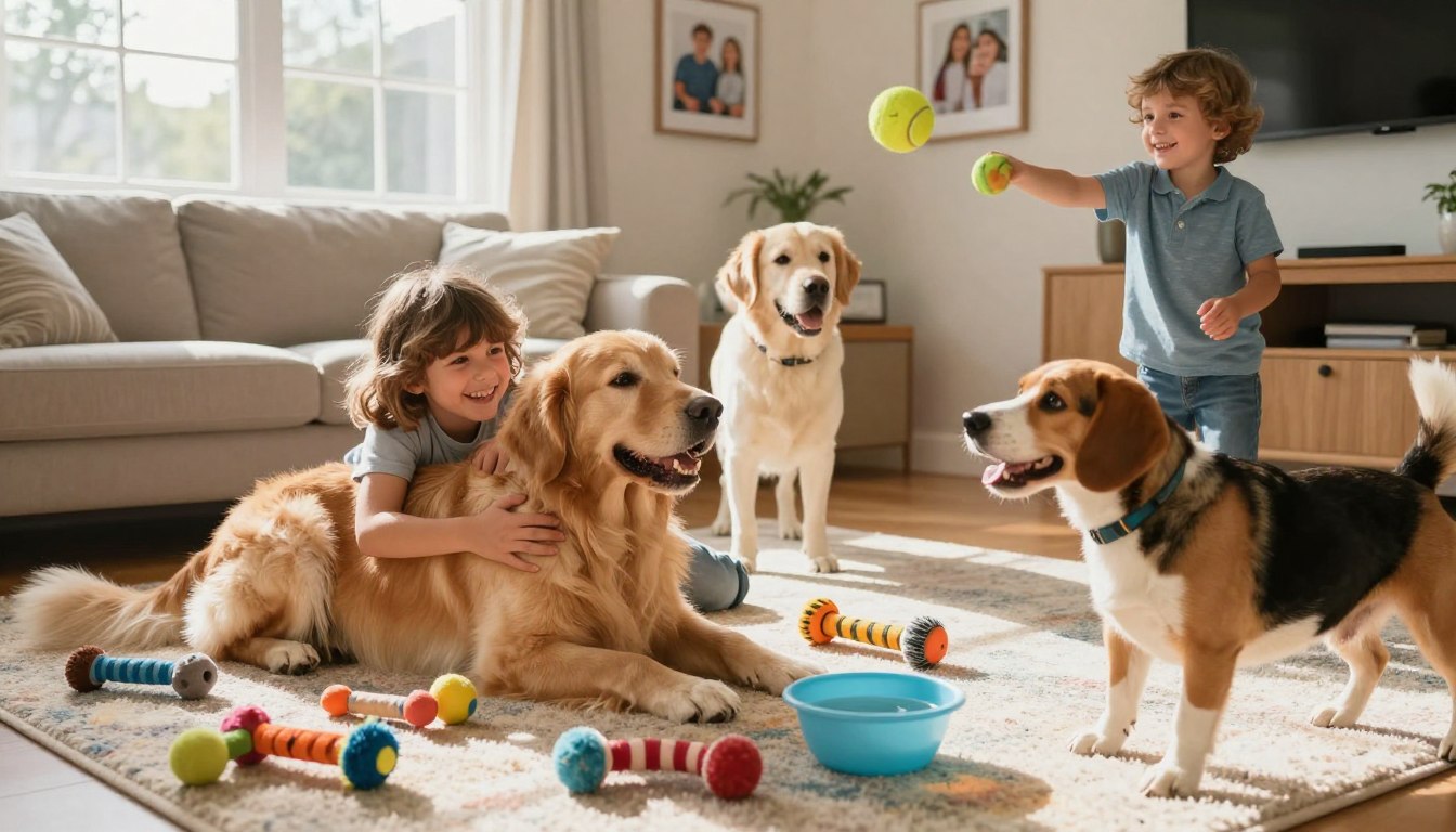 A cozy and inviting family living room, featuring a selection of ideal family dog breeds, including a Golden Retriever, a Labrador Retriever, and a Beagle, all interacting playfully with smiling children. In the foreground, a soft, colorful rug is scattered with dog toys and a bowl of water. In the middle, a cheerful child cuddles with a Golden Retriever, while another child throws a tennis ball for the Beagle. The background showcases a bright window with natural sunlight streaming in, illuminating cheerful family photos on the walls. The atmosphere is warm and joyful, perfect for family bonding with pets. Capture this scene in soft, warm lighting to emphasize comfort and happiness, using a slightly elevated angle for a dynamic perspective.