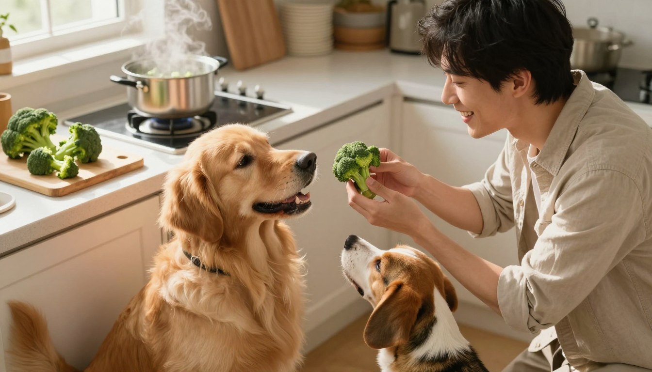 A cozy kitchen scene capturing the moment of feeding dogs broccoli. In the foreground, a cheerful young adult in casual attire is holding a piece of bright green broccoli, smiling as they prepare to offer it to a playful golden retriever and a curious beagle sitting on the floor. The dogs are eager and attentive, with their tails wagging. In the middle, a cutting board is visible with broccoli pieces neatly arranged, and a pot of steaming water on the stove in the background, suggesting the broccoli is being cooked. Soft, warm lighting casts a welcoming glow throughout the space, with light streaming in through a window, creating an inviting atmosphere that emphasizes the care involved in preparing healthy food for pets. The angle is slightly above eye level, focusing on the joyful interaction. A cozy kitchen scene capturing the moment of feeding dogs broccoli. In the foreground, a cheerful young adult in casual attire is holding a piece of bright green broccoli, smiling as they prepare to offer it to a playful golden retriever and a curious beagle sitting on the floor. The dogs are eager and attentive, with their tails wagging. In the middle, a cutting board is visible with broccoli pieces neatly arranged, and a pot of steaming water on the stove in the background, suggesting the broccoli is being cooked. Soft, warm lighting casts a welcoming glow throughout the space, with light streaming in through a window, creating an inviting atmosphere that emphasizes the care involved in preparing healthy food for pets. The angle is slightly above eye level, focusing on the joyful interaction.