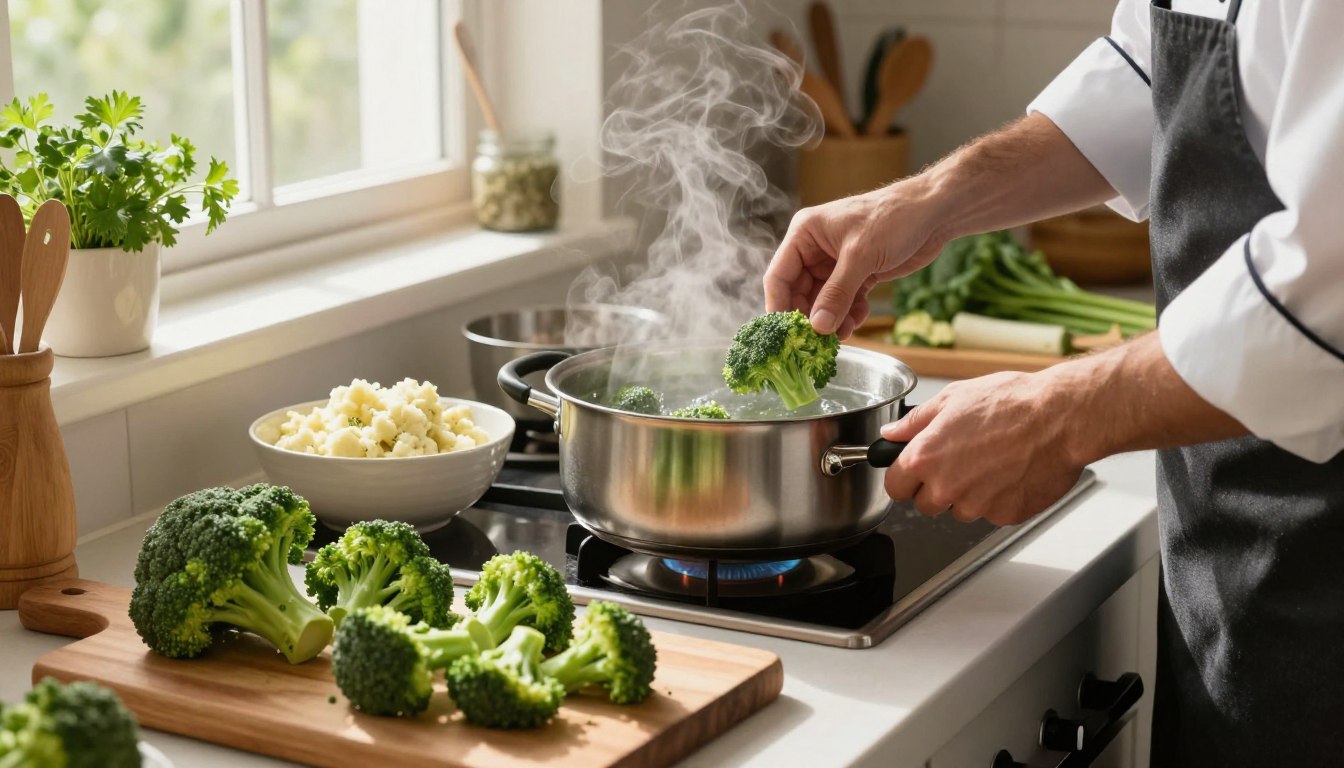 A cozy kitchen scene, where a chef, dressed in a professional attire, is preparing various cooking methods for broccoli intended for dogs. In the foreground, a chopping board displaying freshly cut broccoli. In the middle ground, a pot of steaming water on a stove, with broccoli being gently blanched, and a steaming bowl of mashed broccoli beside it. In the background, a sunny window with light streaming in, illuminating fresh herbs and cooking utensils. The atmosphere is warm and inviting, suggesting a nurturing environment. The lighting is soft and natural, giving a homely feel to the scene. The angle captures the chef’s hands in action, emphasizing the cooking process for optimal digestibility. A cozy kitchen scene, where a chef, dressed in a professional attire, is preparing various cooking methods for broccoli intended for dogs. In the foreground, a chopping board displaying freshly cut broccoli. In the middle ground, a pot of steaming water on a stove, with broccoli being gently blanched, and a steaming bowl of mashed broccoli beside it. In the background, a sunny window with light streaming in, illuminating fresh herbs and cooking utensils. The atmosphere is warm and inviting, suggesting a nurturing environment. The lighting is soft and natural, giving a homely feel to the scene. The angle captures the chef’s hands in action, emphasizing the cooking process for optimal digestibility.