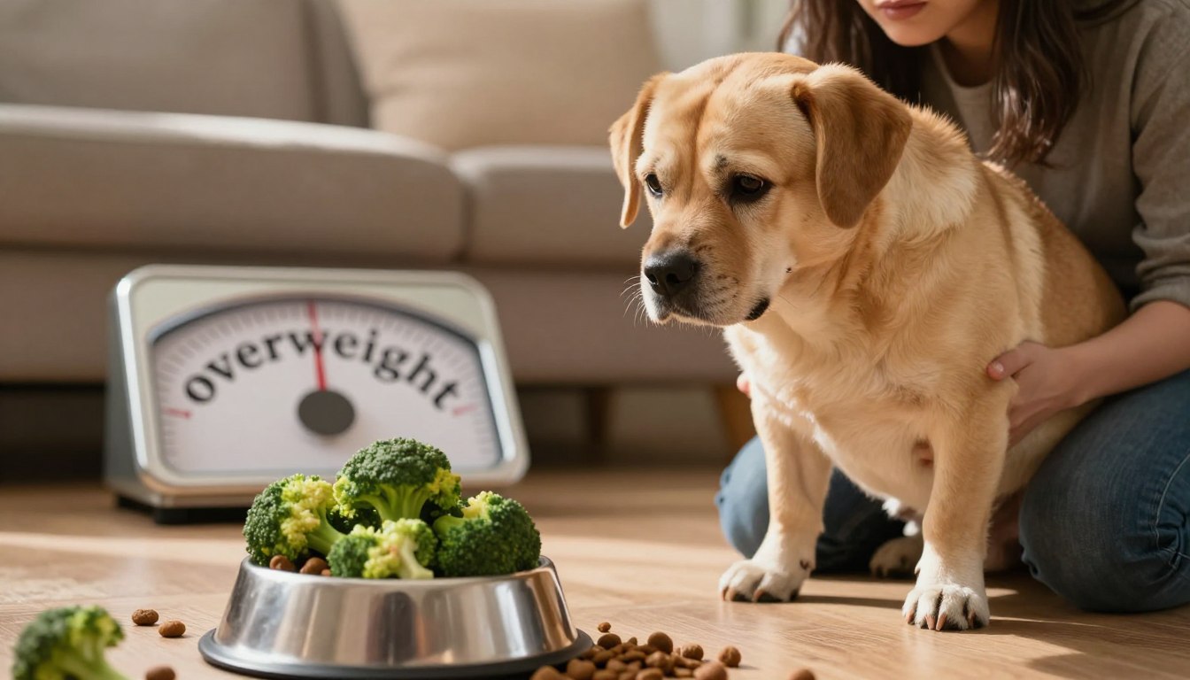 A detailed composition illustrating the potential risks and side effects of overfeeding dogs. In the foreground, a concerned dog owner is kneeling beside their large, plump dog, looking worriedly at a bowl overflowing with broccoli and dog food. The dog's expressions reflect discomfort, perhaps holding its stomach. In the middle ground, a scale tipped towards the 'overweight' side emphasizes the risk of obesity, while scattered food items hint at excess feeding. The background features a warm, cozy home environment with soft lighting casting gentle shadows, implying a nurturing yet cautionary atmosphere. The scene captures a thoughtful moment, conveying the serious implications of overfeeding pets. Lens focuses giving a close-up effect, highlighting the dog and the owner’s expressions, creating an intimate connection in this reflective tableau. A detailed composition illustrating the potential risks and side effects of overfeeding dogs. In the foreground, a concerned dog owner is kneeling beside their large, plump dog, looking worriedly at a bowl overflowing with broccoli and dog food. The dog's expressions reflect discomfort, perhaps holding its stomach. In the middle ground, a scale tipped towards the 'overweight' side emphasizes the risk of obesity, while scattered food items hint at excess feeding. The background features a warm, cozy home environment with soft lighting casting gentle shadows, implying a nurturing yet cautionary atmosphere. The scene captures a thoughtful moment, conveying the serious implications of overfeeding pets. Lens focuses giving a close-up effect, highlighting the dog and the owner’s expressions, creating an intimate connection in this reflective tableau.