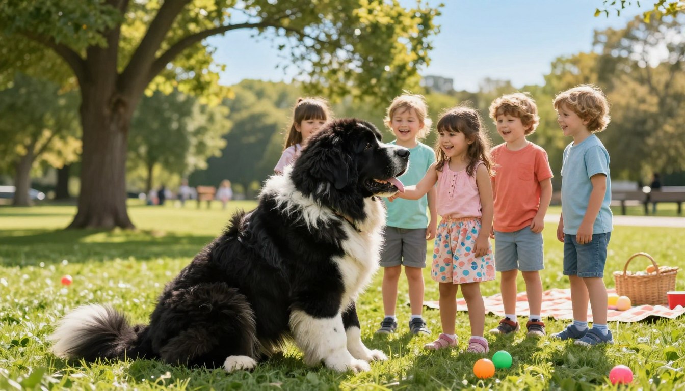 A gentle giant Newfoundland dog, playfully interacting with a group of happy children in a sunny park. In the foreground, the Newfoundland, with its thick, fluffy black and white coat, sits patiently, wagging its tail. The children, dressed in colorful, modest clothing, are laughing and petting the dog, showcasing their bond. The middle ground features a lush green lawn, dotted with toy balls and a picnic blanket. In the background, towering trees provide shade, and a clear blue sky adds warmth to the scene. Soft, golden sunlight filters through the leaves, creating a cheerful, inviting atmosphere. The image captures the essence of family joy and the gentle nature of Newfoundland dogs, emphasizing their renowned kid-friendly temperament.