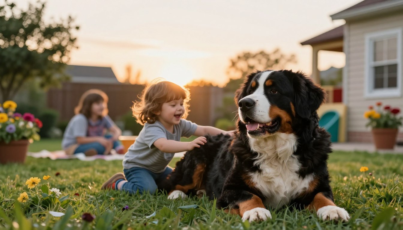 A heartwarming scene featuring a Bernese Mountain Dog, elegantly portrayed in the foreground, resting affectionately next to a joyful child in a modest casual outfit. The child is playfully interacting with the dog, showcasing the affectionate nature of the breed. In the middle ground, a cozy family backyard setting unfolds, with green grass, colorful flowers, and a children's playset, symbolizing a safe and joyful environment for play. The background reveals a warm, golden sunset casting soft, diffused lighting that enhances the tranquility of the scene, while a few trees create a gentle silhouette. The atmosphere is inviting and cheerful, embodying the deep bond between families and their furry companions, with a focus on love, loyalty, and kid-friendly interactions.