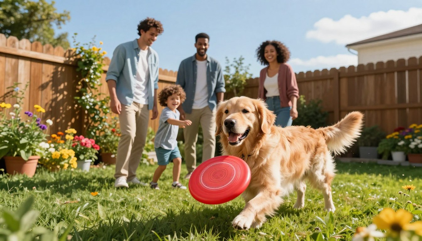 A joyful Golden Retriever, embodying the essence of a quintessential family companion, plays in a sunny backyard filled with vibrant green grass and colorful flowers. In the foreground, the dog is catching a bright red frisbee, showcasing its friendly demeanor and playful spirit. In the middle ground, a diverse family of four is laughing together, including a young child reaching out to pet the dog, all dressed in modest casual clothing. The background features a wooden fence adorned with climbing plants and a clear blue sky, casting warm sunlight that creates a cheerful atmosphere. Shot with a wide-angle lens to capture the idyllic family scene, this image emanates warmth and connection, perfect for illustrating the bond between families and their beloved pets.