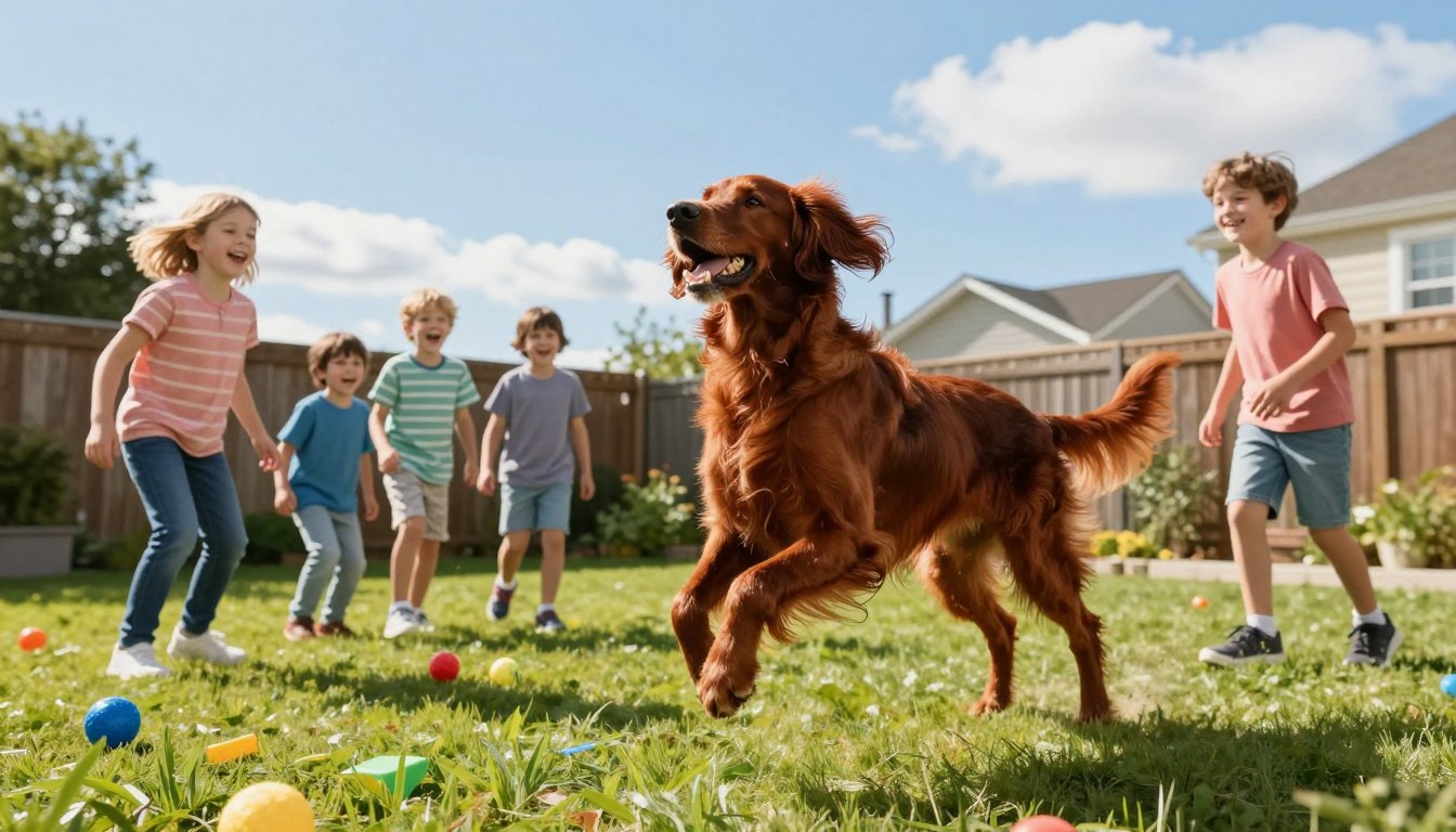 A joyful Irish Setter playing in a sunny backyard, surrounded by older children laughing and engaging in a game of fetch. In the foreground, the energetic dog leaps into the air, its rich, reddish-brown fur glistening in the sunlight. The children, dressed in casual clothing, are animated and smiling, showcasing a bond of friendship. In the middle ground, a lush green lawn stretches out, dotted with colorful toys and a gentle wooden fence marking the boundaries of the yard. In the background, a clear blue sky enhances the cheerful atmosphere, with a few fluffy clouds drifting by. The scene is bathed in warm, natural lighting, captured with a soft focus to evoke a sense of happiness and playfulness, perfect for highlighting the family-friendly nature of the breed.
