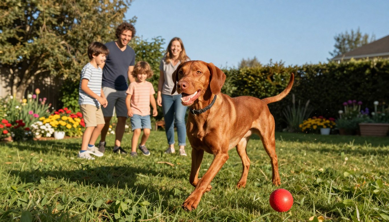 A joyful Vizsla dog, with its sleek copper coat glistening in the sunlight, playing energetically in a lush green backyard. In the foreground, the dog is shown running with a vibrant red ball, capturing its enthusiasm and athleticism. In the middle ground, an active family—two children and an adult dressed in casual attire—are seen laughing and engaging with the dog, highlighting their bond. The background features colorful flowers and tall trees, set against a clear blue sky. The scene is bathed in warm afternoon light, creating a vibrant and inviting atmosphere that conveys the joy and love of having a Vizsla as part of an active family. The angle captures both the dog and the family, emphasizing their connection and happiness.