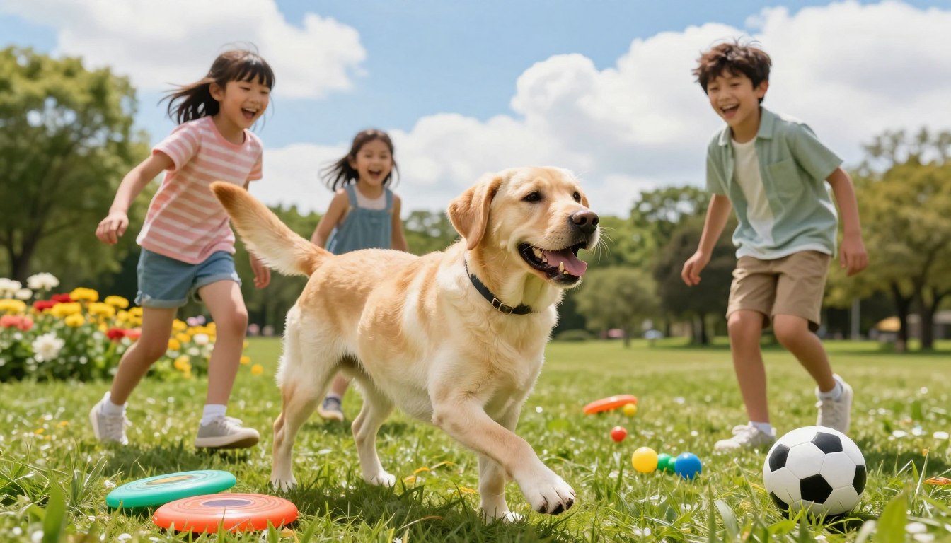 A joyful family scene featuring a playful Labrador Retriever engaging with two active children in a bright, sunny park. In the foreground, the Labrador, with its glossy yellow coat, has a wagging tail and a big, friendly smile, surrounded by colorful toys like a frisbee and a soccer ball. The children, dressed in comfortable, modest casual clothing, are laughing and playing with the dog, capturing a moment of pure joy. In the middle ground, green grass and vibrant flowers enhance the lively atmosphere. The background showcases a blue sky with fluffy white clouds and some trees swaying gently in the breeze. The lighting is warm and inviting, creating a cheerful mood that highlights the bond between the family and their playful pup. The angle is eye-level, bringing focus to the interaction, emphasizing togetherness and happiness.