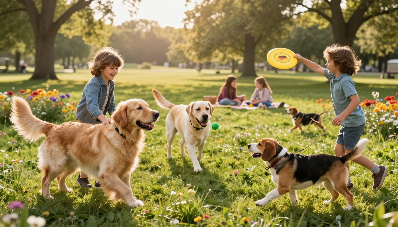 A picturesque park scene featuring a variety of family-oriented dog breeds such as Golden Retrievers, Labradors, and Beagles, happily playing with children. In the foreground, a smiling child gently interacts with a playful Golden Retriever, while another child throws a frisbee to a lively Beagle. The middle ground showcases a Labrador retrieving a ball, surrounded by lush green grass and colorful wildflowers. The background reveals a sunlit landscape with tall trees and families enjoying a picnic, creating a warm and inviting atmosphere. The scene is bathed in soft, golden sunlight, enhancing a joyful and nurturing mood. Capture this moment with a slight upwards angle to highlight the loving bond between dogs and kids, emphasizing the importance of professional training and socialization.