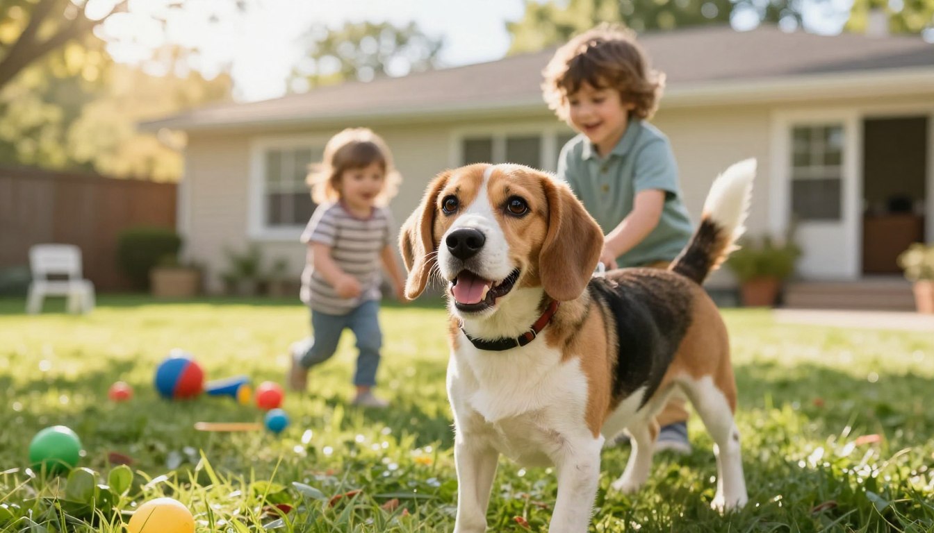 A playful Beagle stands in the foreground, showcasing its compact and cheerful demeanor. Its expressive eyes and wagging tail convey excitement as it interacts with a small child in moderate casual clothing, both smiling and enjoying their playtime together. The middle ground features a soft, grassy backyard with colorful toys scattered around, emphasizing a family-friendly atmosphere. In the background, a warm, inviting home with sunlight filtering through trees creates a serene environment. The lighting is bright and cheerful, evoking a sense of joy and happiness in a typical sunny day setting. The camera angle is slightly low, capturing the Beagle from a playful perspective, enhancing the viewer's connection to the lively scene. The overall mood is vibrant and heartwarming, perfect for illustrating a family bond.
