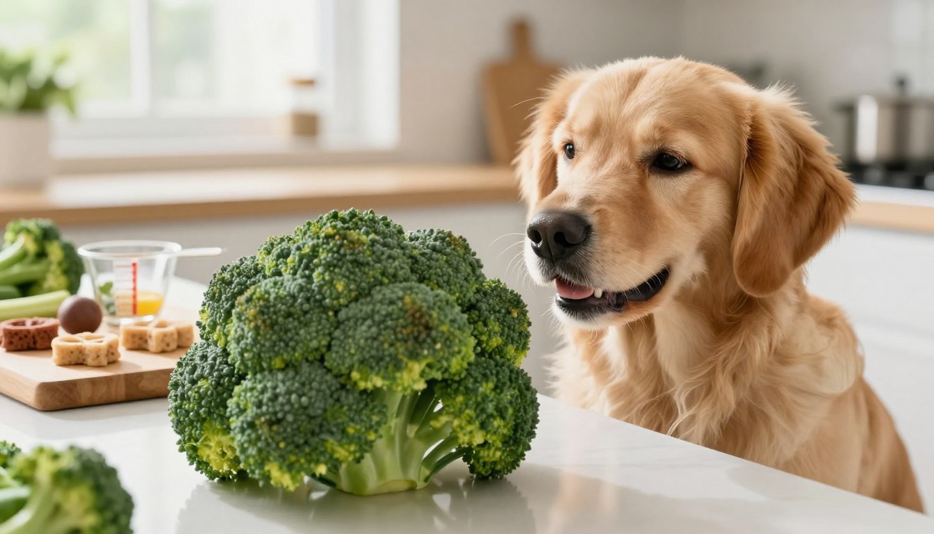 A vibrant kitchen countertop featuring fresh broccoli, with a friendly canine curiously sniffing at the florets. In the foreground, the broccoli is depicted in rich green hues, highlighting its texture and natural imperfections. The dog, a golden retriever with a playful expression, sits patiently beside the broccoli, suggesting a connection between canine nutrition and vegetables. In the middle ground, a wooden cutting board is set with additional healthy dog treats and measuring cups, emphasizing a nutritious meal preparation theme. The background includes soft-focus elements like a sunny window with light streaming in, creating a warm and inviting atmosphere. The lighting is bright and natural, suggesting freshness and health. The composition evokes a sense of care and responsibility towards pet nutrition. A vibrant kitchen countertop featuring fresh broccoli, with a friendly canine curiously sniffing at the florets. In the foreground, the broccoli is depicted in rich green hues, highlighting its texture and natural imperfections. The dog, a golden retriever with a playful expression, sits patiently beside the broccoli, suggesting a connection between canine nutrition and vegetables. In the middle ground, a wooden cutting board is set with additional healthy dog treats and measuring cups, emphasizing a nutritious meal preparation theme. The background includes soft-focus elements like a sunny window with light streaming in, creating a warm and inviting atmosphere. The lighting is bright and natural, suggesting freshness and health. The composition evokes a sense of care and responsibility towards pet nutrition.
