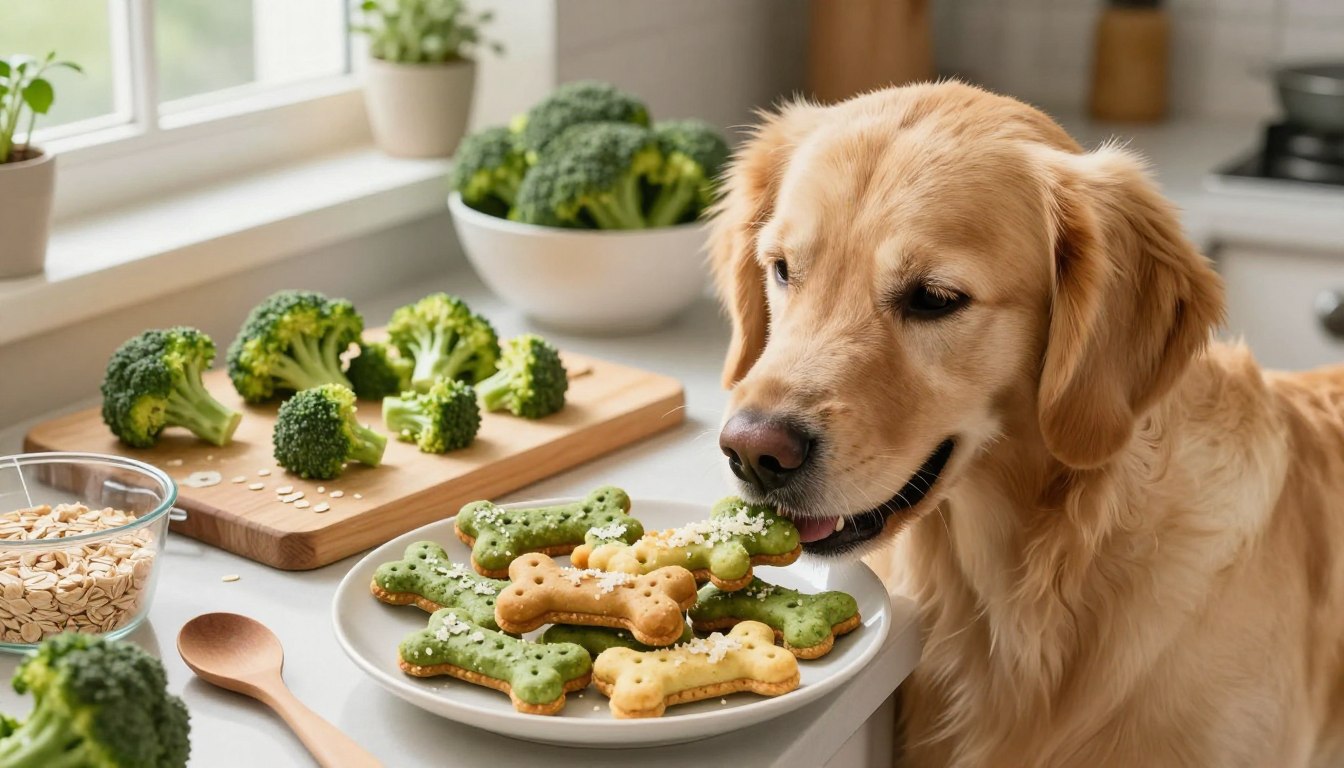A vibrant kitchen scene showcasing creative dog treats made with broccoli. In the foreground, a cheerful golden retriever happily sniffs a plate of colorful, homemade broccoli-flavored dog biscuits, shaped like bones and topped with a small sprinkle of parmesan cheese. The middle features a cutting board scattered with chopped broccoli florets, a measuring cup filled with oats, and a wooden spoon. In the background, soft natural light streams through a window, highlighting potted herbs and a bowl with fresh broccoli. The overall mood is warm and inviting, emphasizing health and happiness, with a focus on the bond between dogs and their owners. The angle should be slightly above eye level, giving a cozy, wholesome perspective. A vibrant kitchen scene showcasing creative dog treats made with broccoli. In the foreground, a cheerful golden retriever happily sniffs a plate of colorful, homemade broccoli-flavored dog biscuits, shaped like bones and topped with a small sprinkle of parmesan cheese. The middle features a cutting board scattered with chopped broccoli florets, a measuring cup filled with oats, and a wooden spoon. In the background, soft natural light streams through a window, highlighting potted herbs and a bowl with fresh broccoli. The overall mood is warm and inviting, emphasizing health and happiness, with a focus on the bond between dogs and their owners. The angle should be slightly above eye level, giving a cozy, wholesome perspective.