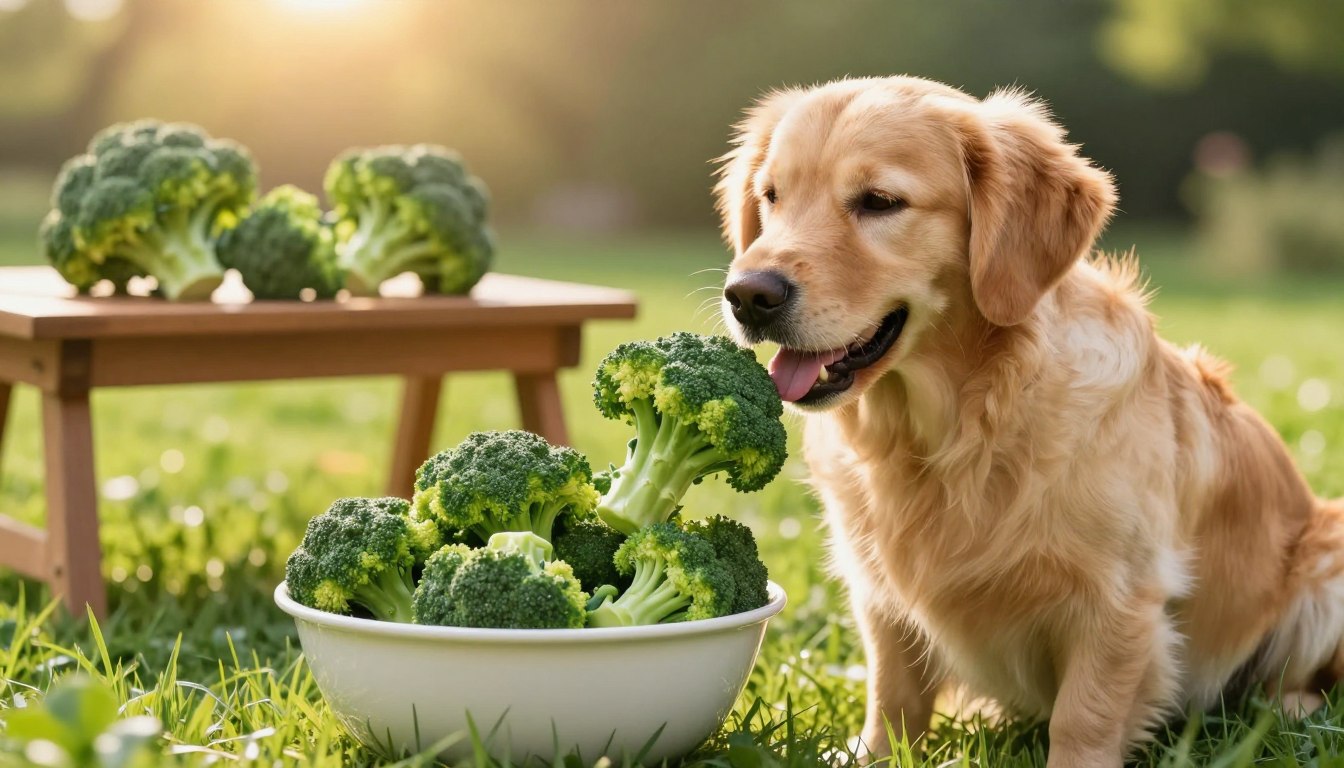 A vibrant scene featuring a healthy dog sitting happily on a lush green lawn, next to a bowl filled with fresh, chopped broccoli. In the foreground, the dog, an energetic golden retriever with a shiny coat, eagerly sniffing the broccoli, showcasing curiosity and enthusiasm. In the middle ground, a wooden table displays a few whole broccoli florets, emphasizing the nutritional aspect. The background features a warm sunlight setting, casting a soft golden glow over the scene, enhancing the feeling of health and vitality. The atmosphere is cheerful and inviting, symbolizing the positive benefits of including broccoli in a dog's diet, with gentle bokeh effects to blur out the more distant elements while keeping the focus on the joyful interaction between the dog and the vegetables. A vibrant scene featuring a healthy dog sitting happily on a lush green lawn, next to a bowl filled with fresh, chopped broccoli. In the foreground, the dog, an energetic golden retriever with a shiny coat, eagerly sniffing the broccoli, showcasing curiosity and enthusiasm. In the middle ground, a wooden table displays a few whole broccoli florets, emphasizing the nutritional aspect. The background features a warm sunlight setting, casting a soft golden glow over the scene, enhancing the feeling of health and vitality. The atmosphere is cheerful and inviting, symbolizing the positive benefits of including broccoli in a dog's diet, with gentle bokeh effects to blur out the more distant elements while keeping the focus on the joyful interaction between the dog and the vegetables.