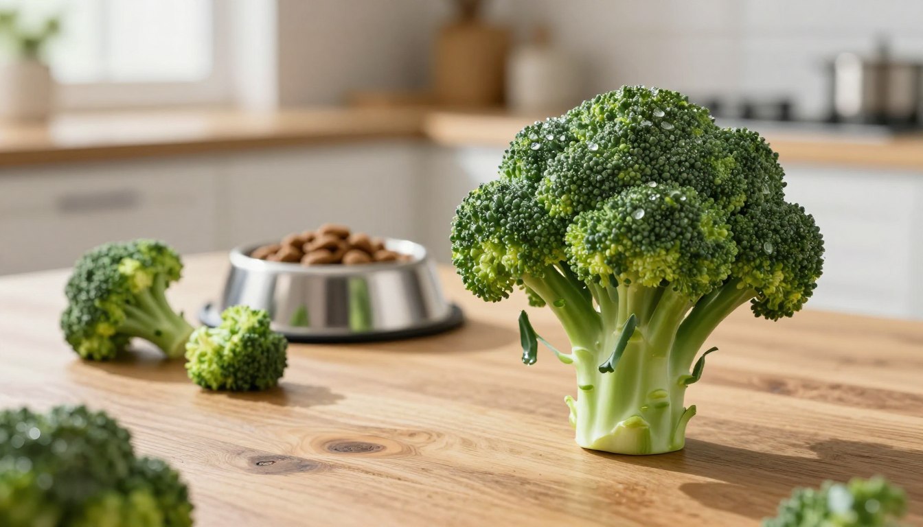 A vibrant still life of fresh broccoli arranged artistically, showcasing the importance of nutritious vegetables in a dog's diet. In the foreground, a single head of broccoli stands upright on a rustic wooden table, with dewdrops glistening on its surface. In the middle ground, several smaller florets are scattered, accompanied by dog food bowls made of stainless steel to indicate portion sizes. The background features a softly blurred kitchen setting, warmly lit with natural light streaming through a window, casting gentle shadows. The focus is sharp on the broccoli, while the overall atmosphere feels clean, healthy, and inviting, emphasizing the message of thoughtful canine nutrition. A vibrant still life of fresh broccoli arranged artistically, showcasing the importance of nutritious vegetables in a dog's diet. In the foreground, a single head of broccoli stands upright on a rustic wooden table, with dewdrops glistening on its surface. In the middle ground, several smaller florets are scattered, accompanied by dog food bowls made of stainless steel to indicate portion sizes. The background features a softly blurred kitchen setting, warmly lit with natural light streaming through a window, casting gentle shadows. The focus is sharp on the broccoli, while the overall atmosphere feels clean, healthy, and inviting, emphasizing the message of thoughtful canine nutrition.