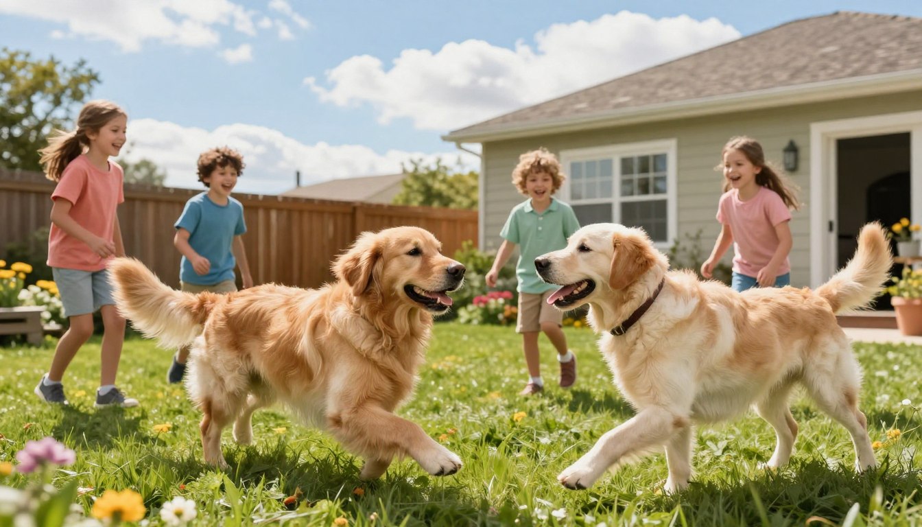 A warm and inviting family scene in a sunny backyard. In the foreground, two friendly, kid-friendly dog breeds, such as a Golden Retriever and a Labrador, play joyfully with children, showcasing their gentle and energetic nature. The children, dressed in casual, colorful clothing, are laughing and interacting with the dogs, highlighting the bond between them. In the middle ground, vibrant green grass and blooming flowers create a lively atmosphere. The background features a cozy family home with a wooden fence, under a bright blue sky with soft, fluffy clouds. The lighting is soft and cheerful, capturing a sense of happiness and companionship, while the angle is slightly elevated, drawing the viewer's eye toward the joyful interaction.