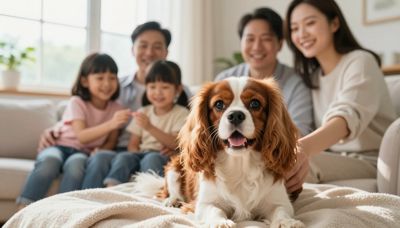 A warm and inviting scene featuring a Cavalier King Charles Spaniel sitting comfortably in a cozy living room. In the foreground, the dog is nestled on a soft blanket, exuding a friendly and affectionate demeanor with its big, soulful eyes and silky fur. The middle ground includes a cheerful family of four—two children and their parents—enjoying a playful moment together, gently petting the dog. The background showcases a bright and sunny window with soft, natural light filtering in, creating a happy atmosphere. The overall mood is joyful and heartwarming, emphasizing the bond between the family and their beloved pet. The composition captures the essence of an ideal family dog in a nurturing home environment.