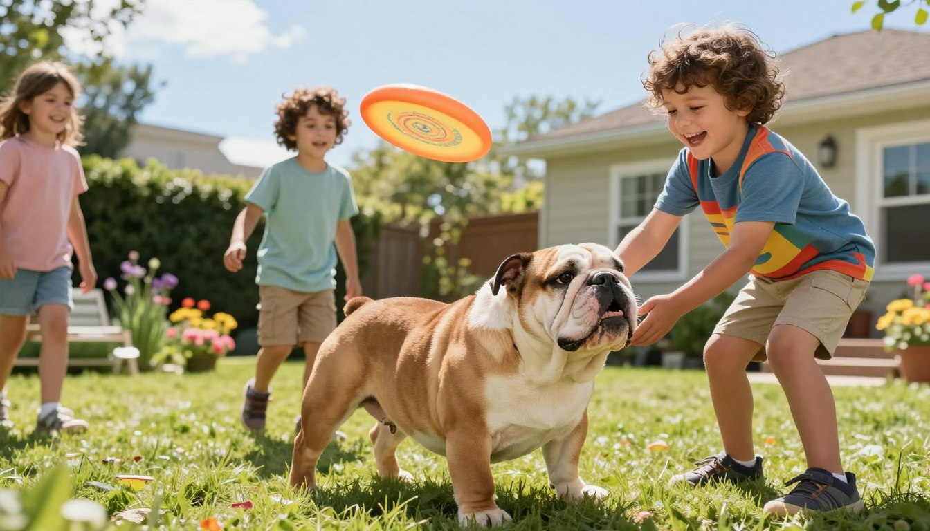 A warm and inviting scene featuring a friendly bulldog playing with children in a sunlit backyard. In the foreground, the bulldog, with its stout body and playful expression, engages with a laughing child, who is wearing a colorful t-shirt and shorts. In the middle, another child tosses a frisbee, the bulldog's eyes focused intently on it. The background displays a cozy home with a well-kept garden, vibrant flowers, and soft green grass under a clear blue sky. The lighting is bright and cheerful, casting soft shadows that enhance the joyful atmosphere. Capture this heartwarming moment from a slightly elevated angle, emphasizing the bond between the bulldog and the children, creating a sense of safety and companionship.