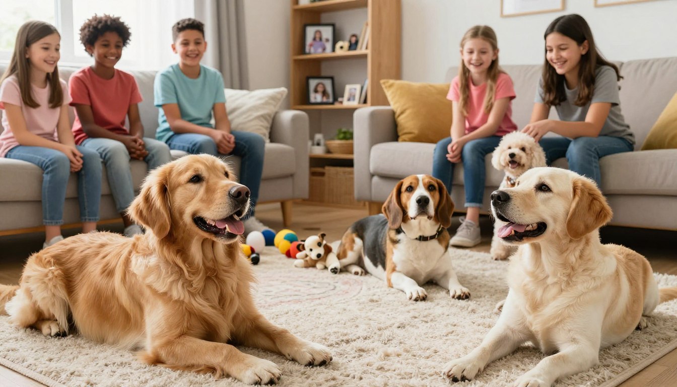 A warm, inviting family living room scene depicting a diverse group of happy dog breeds known for being great with kids. In the foreground, a playful Golden Retriever and a gentle Labrador Retriever interact with laughing children, ages 5 to 8, dressed in colorful casual clothing. In the middle, a calm Beagle lounges on a cozy rug while a friendly Poodle is being petted by a parent. The background features shelves with family photos and dog toys scattered around, creating a sense of comfort. Soft, natural lighting filters in through a window, enhancing the cheerful atmosphere. The entire composition conveys a sense of joy, companionship, and warmth, perfect for illustrating a family-friendly environment.